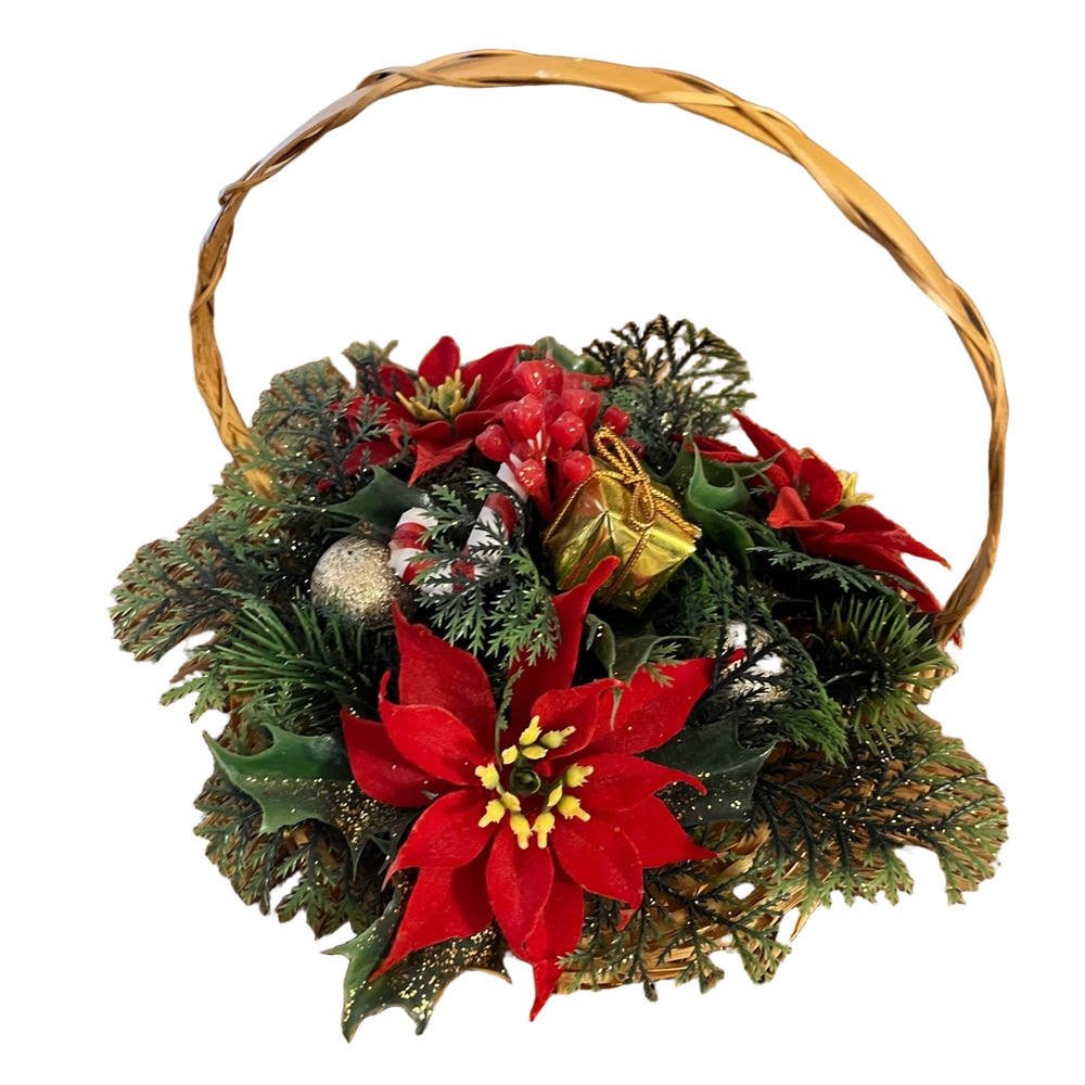 Vintage Christmas Poinsettia Centerpiece Basket Arrangement Retro Holiday Decor